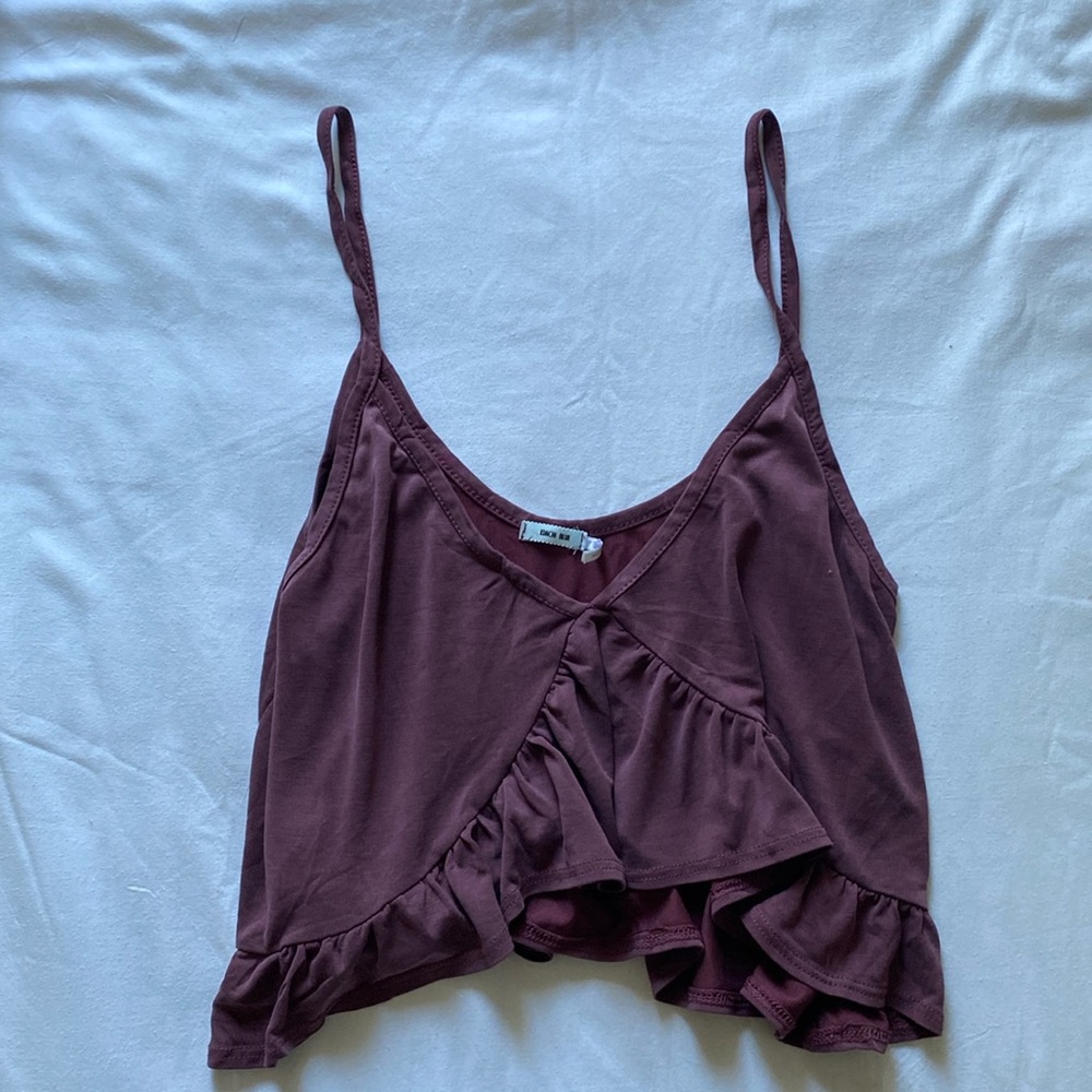 Kimchi Blue, purple flowy crop top with ruffle hem. Size L